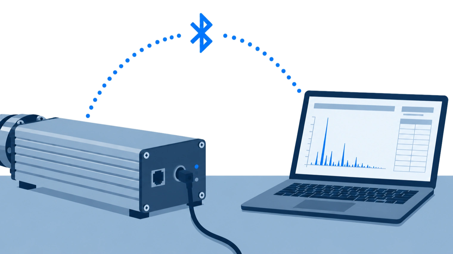 Illustration of an industrial gas-analysis and pressure measurement device communicating wirelessly over Bluetooth with a laptop displaying live measurement data